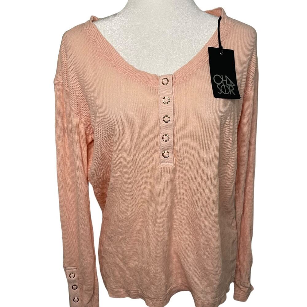 NWT Women's Chaser pink waffle knit half button front long sleeve top - small